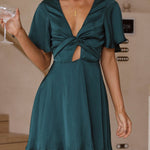 Damen Minikleid Solides Satin-Kleid mit Knoten vorne