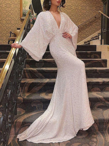 V-Ausschnitt Langarm Elegantes Damen Pailletten Kleid Langes Kleid