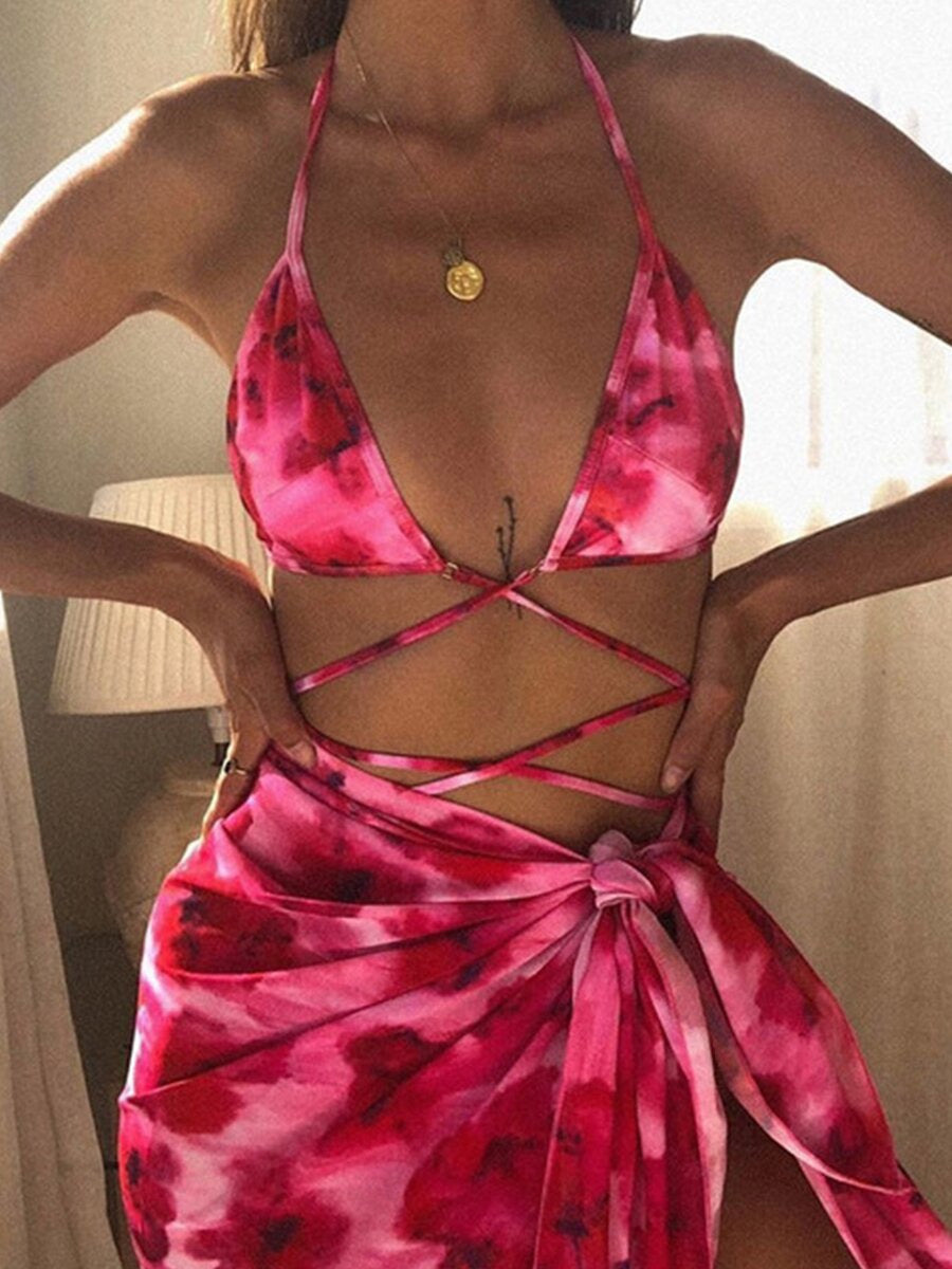 Three-piece Bikini Tie-dye Printed Tether Veil Swimsuit