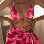 Bikini de tres piezas Traje de baño con velo de lazo estampado con efecto tie-dye