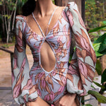Sexy einteiliger bedruckter Bikini-Badeanzug mit langen Ärmeln