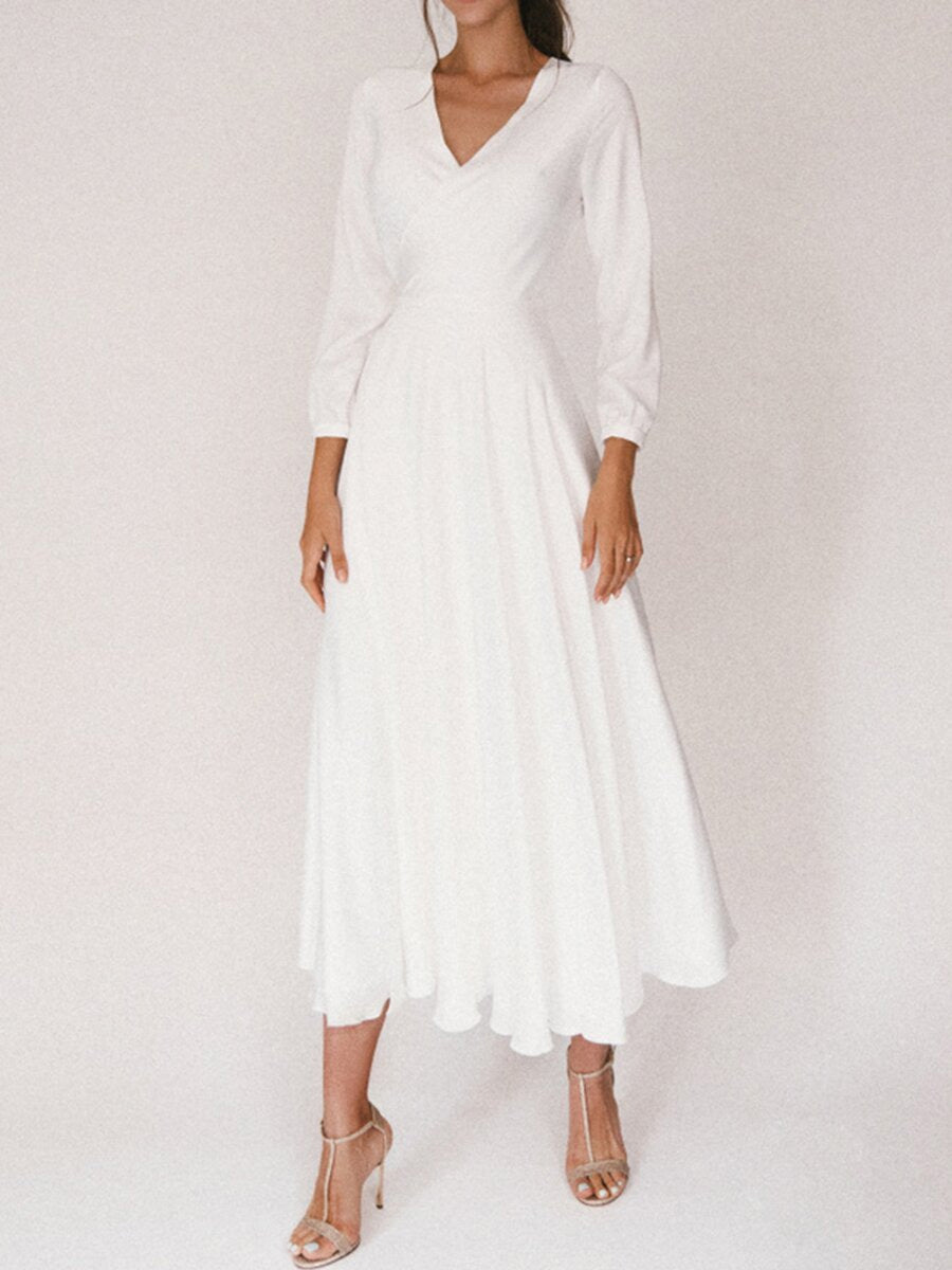 Weißes Retro-Kleid mit V-Ausschnitt und langen Ärmeln