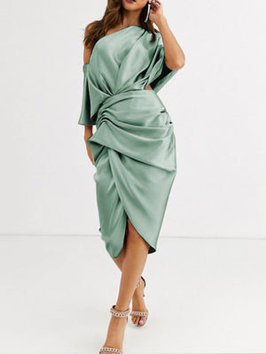 Solid Color One-shoulder Midi Dress