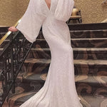 V-Ausschnitt Langarm Elegantes Damen Pailletten Kleid Langes Kleid