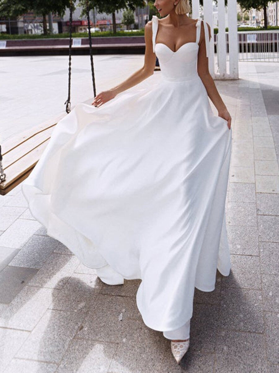Vestido longo branco com cordão e ombro pendurado elegante