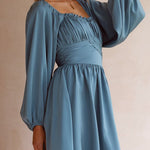 Damen Minikleid A-Linienrock plissierte ausgestellte Ärmel Kleid