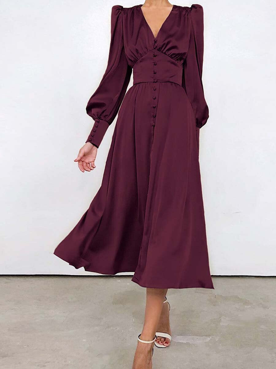Vintage einfarbiges langes Kleid mit Knöpfen