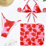 Dreiteiliger Bikini-Bikini-Badeanzug mit Tether-Schleier und Print