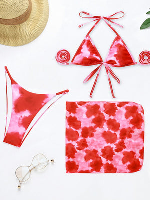 Dreiteiliger Bikini-Bikini-Badeanzug mit Tether-Schleier und Print