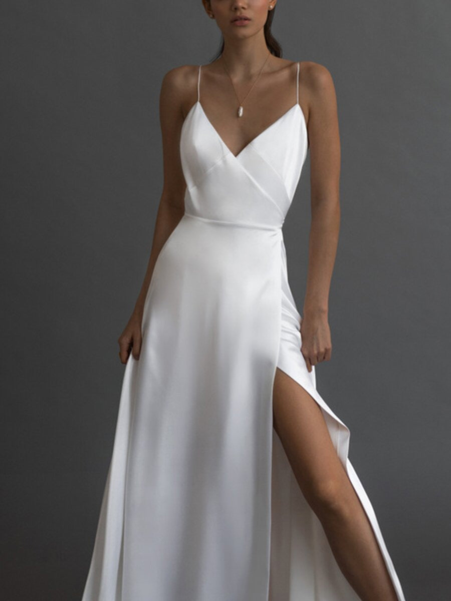 Weiße Hosenträger Eng anliegendes langes Kleid mit Schlitz
