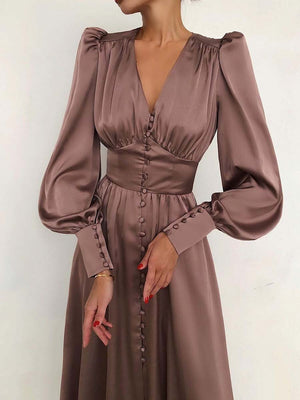 Vintage Solid Color Button Long Dress